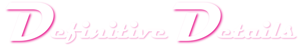 Definitive Details logo white text pink shadow